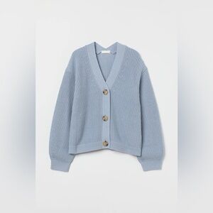 H&M Blue Cardigan Sweater with Ribbed Knit V-Neck